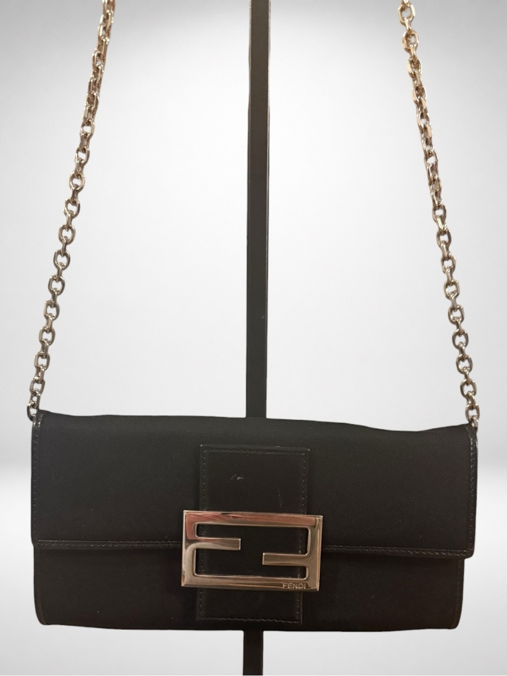 FENDI Zucchino Authentic Nylon Wallet Chain Clutch Crossbody Black Silver